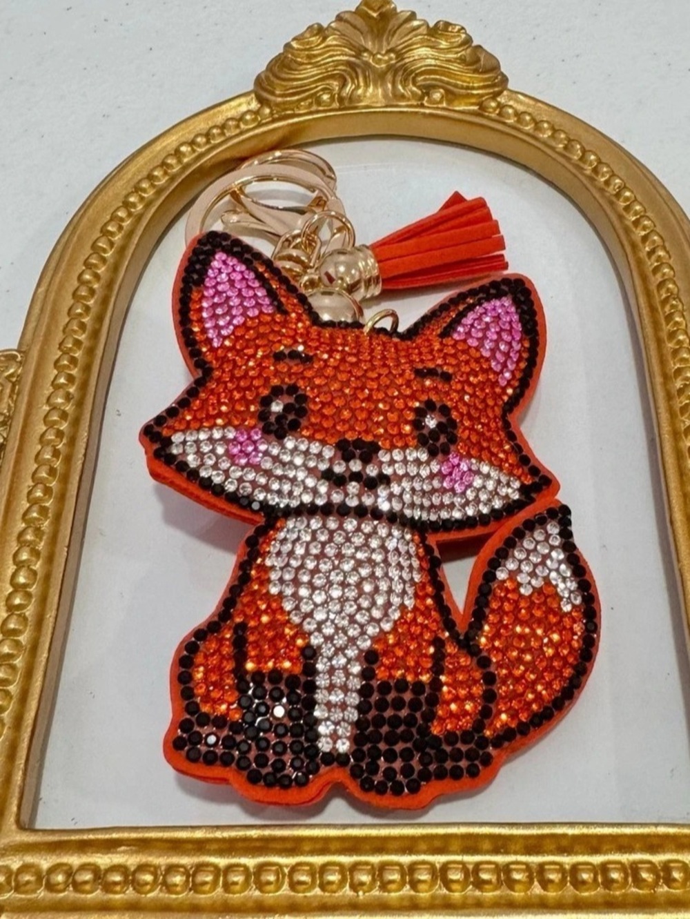 New Fox Rhinestone Keychain Orange & Black